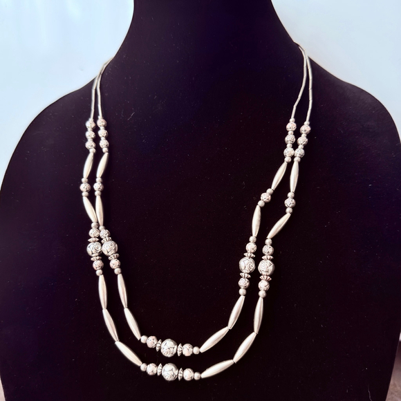 Native American Navajo Bead Cylinder Sterling Silver Two Strand Necklace 26" - Picture 1 of 6